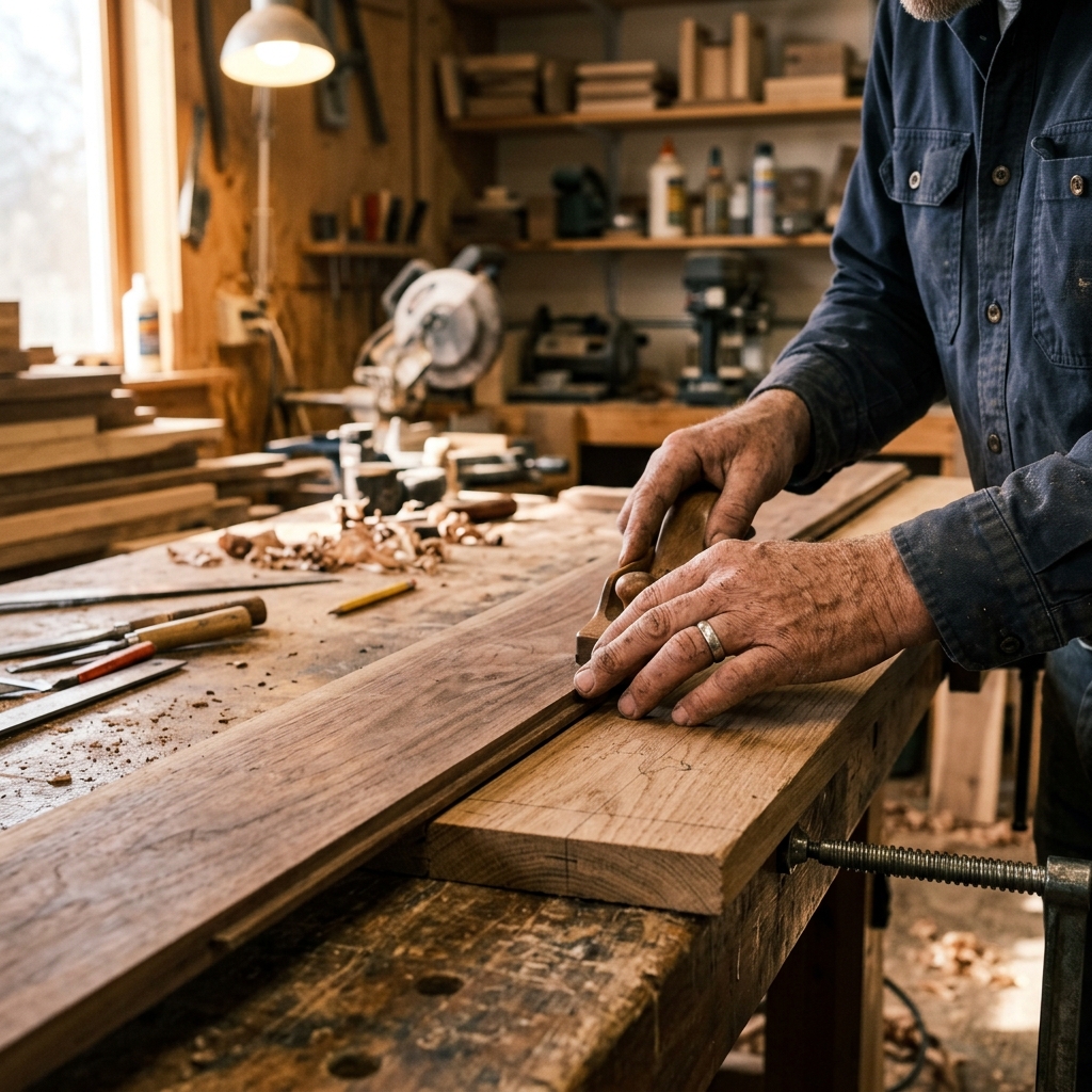 Worker assembling wooden planks