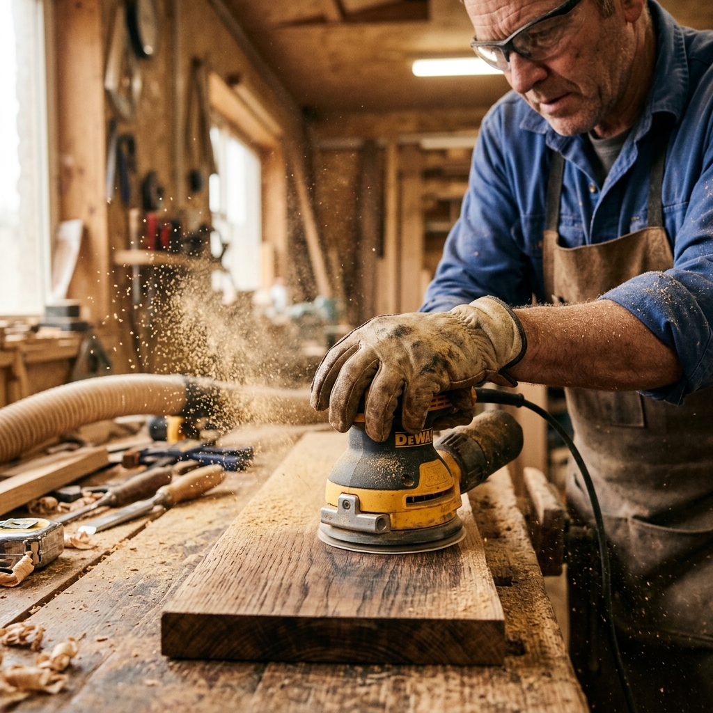 Worker using a power sander